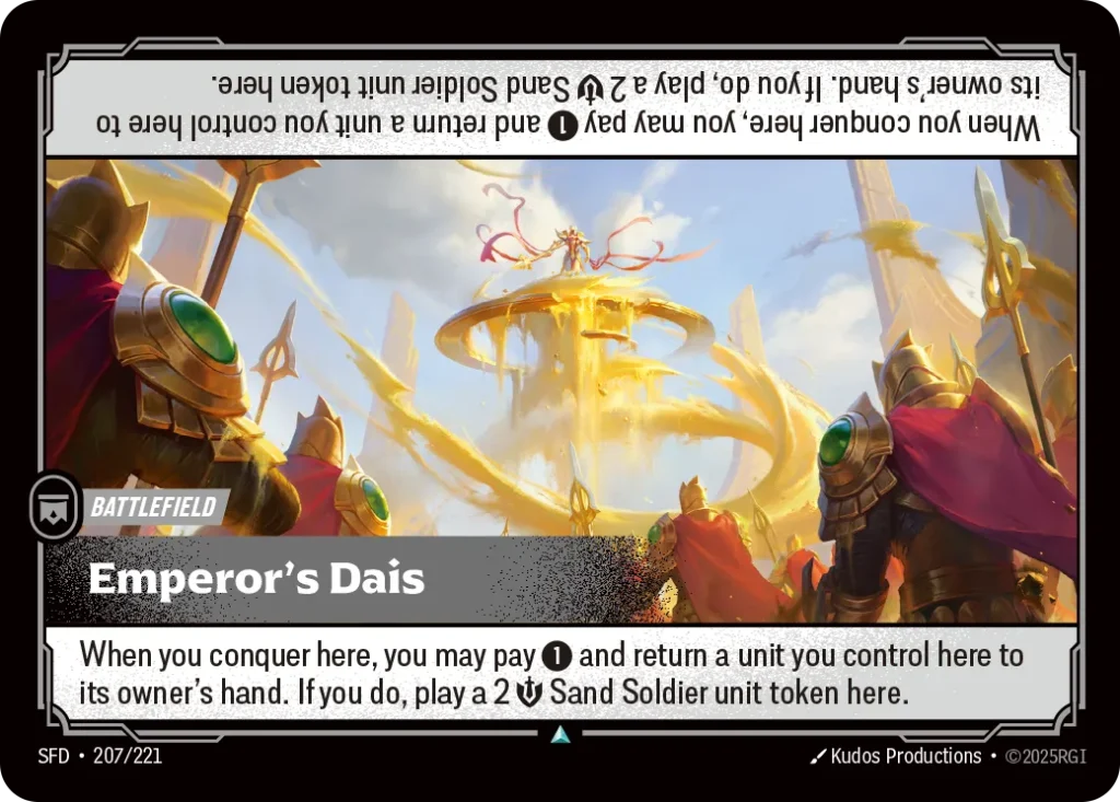 Karta Riftbound: Emperor's Dais — Battlefield, kolor Colorless, dodatek Spiritforged. Ilustracja: Kudos Productions. Opis karty: When you conquer here, you may pay 1⚡ and return a unit you control here to its owner's hand. If you do, play a