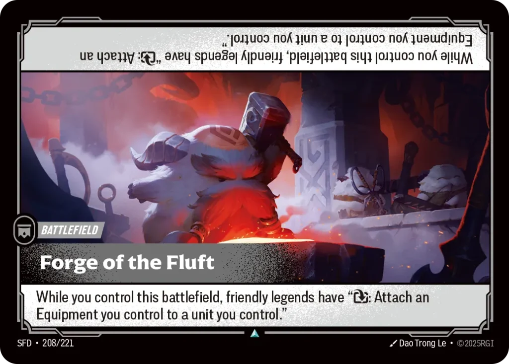 Karta Riftbound: Forge of the Fluft — Battlefield, kolor Colorless, dodatek Spiritforged. Ilustracja: Dao Trong Le. Opis karty: While you control this battlefield, friendly legends have ": Attach an Equipment you control to a unit you 