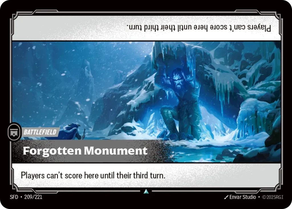 Karta Riftbound: Forgotten Monument — Battlefield, kolor Colorless, dodatek Spiritforged. Ilustracja: Envar Studio. Opis karty: Players can't score here until their third turn.