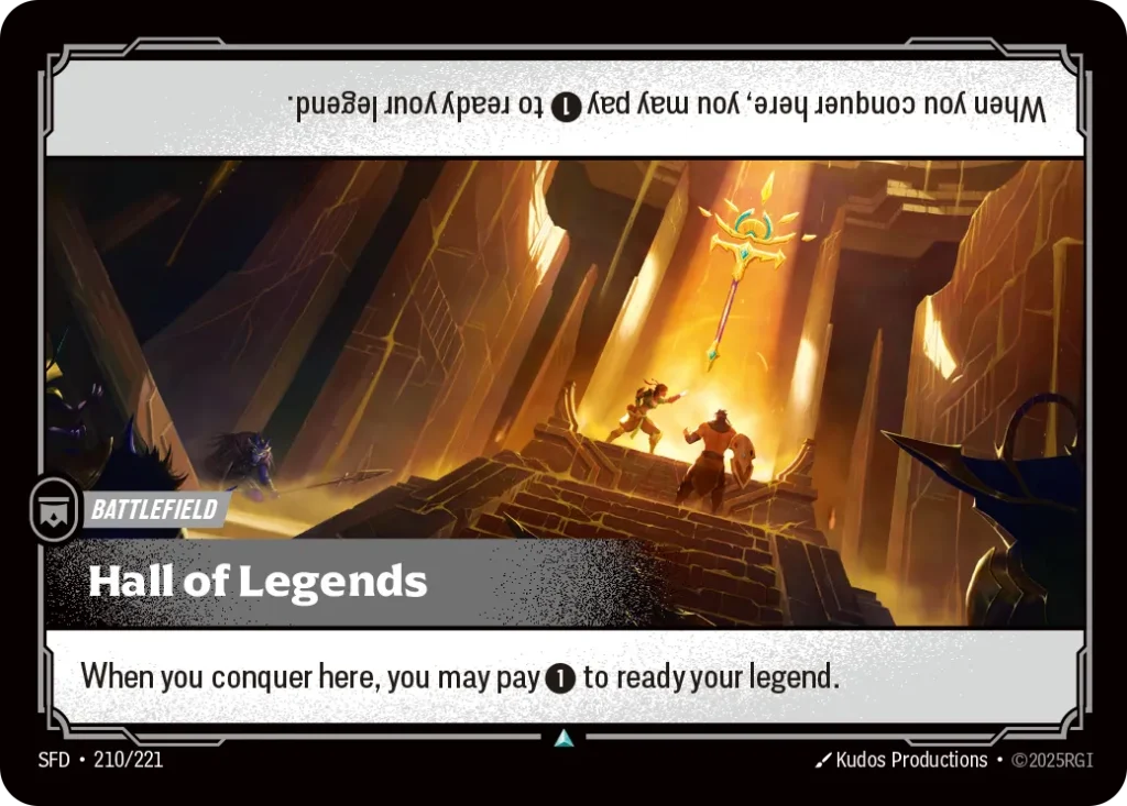 Karta Riftbound: Hall of Legends — Battlefield, kolor Colorless, dodatek Spiritforged. Ilustracja: Kudos Productions. Opis karty: When you conquer here, you may pay 1⚡ to ready your legend.