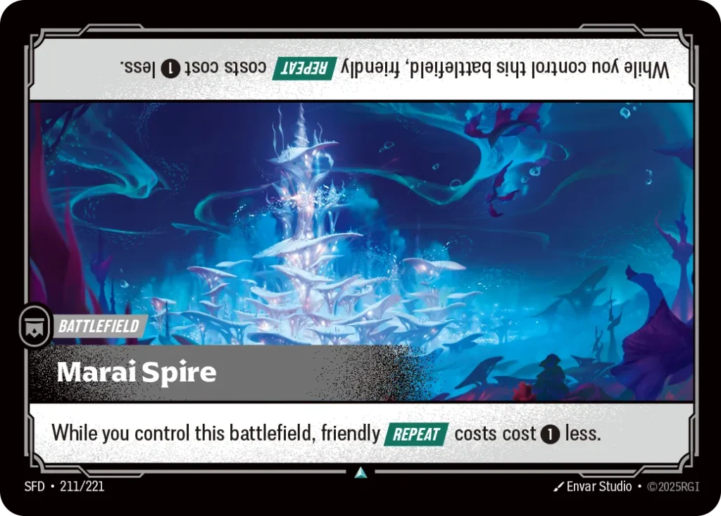 Karta Riftbound: Marai Spire — Battlefield, kolor Colorless, dodatek Spiritforged. Ilustracja: Envar Studio. Opis karty: While you control this battlefield, friendly Repeat costs cost 1⚡ less.