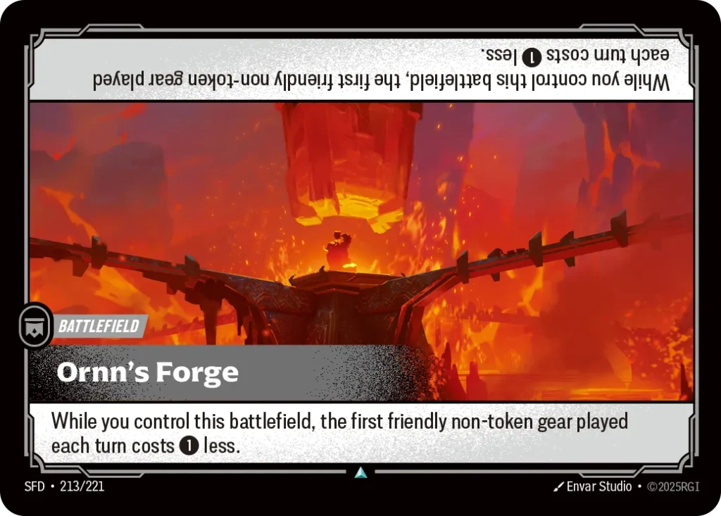 Karta Riftbound: Ornn's Forge — Battlefield, kolor Colorless, dodatek Spiritforged. Ilustracja: Envar Studio. Opis karty: While you control this battlefield, the first friendly non-token gear played each turn costs 1⚡ less.