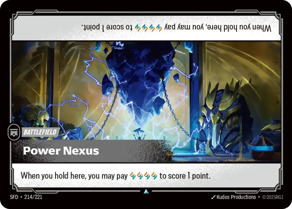 Karta Riftbound: Power Nexus — Battlefield, kolor Colorless, dodatek Spiritforged. Ilustracja: Kudos Productions. Opis karty: When you hold here, you may pay to score 1 point.