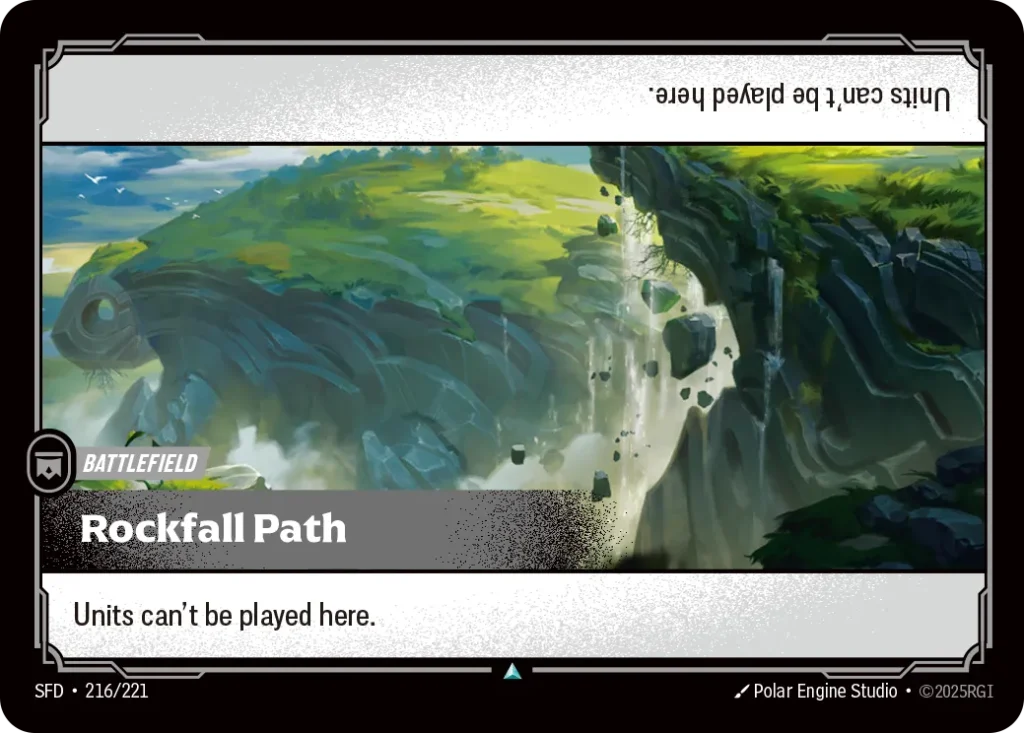 Karta Riftbound: Rockfall Path — Battlefield, kolor Colorless, dodatek Spiritforged. Ilustracja: Polar Engine Studio. Opis karty: Units can't be played here.
