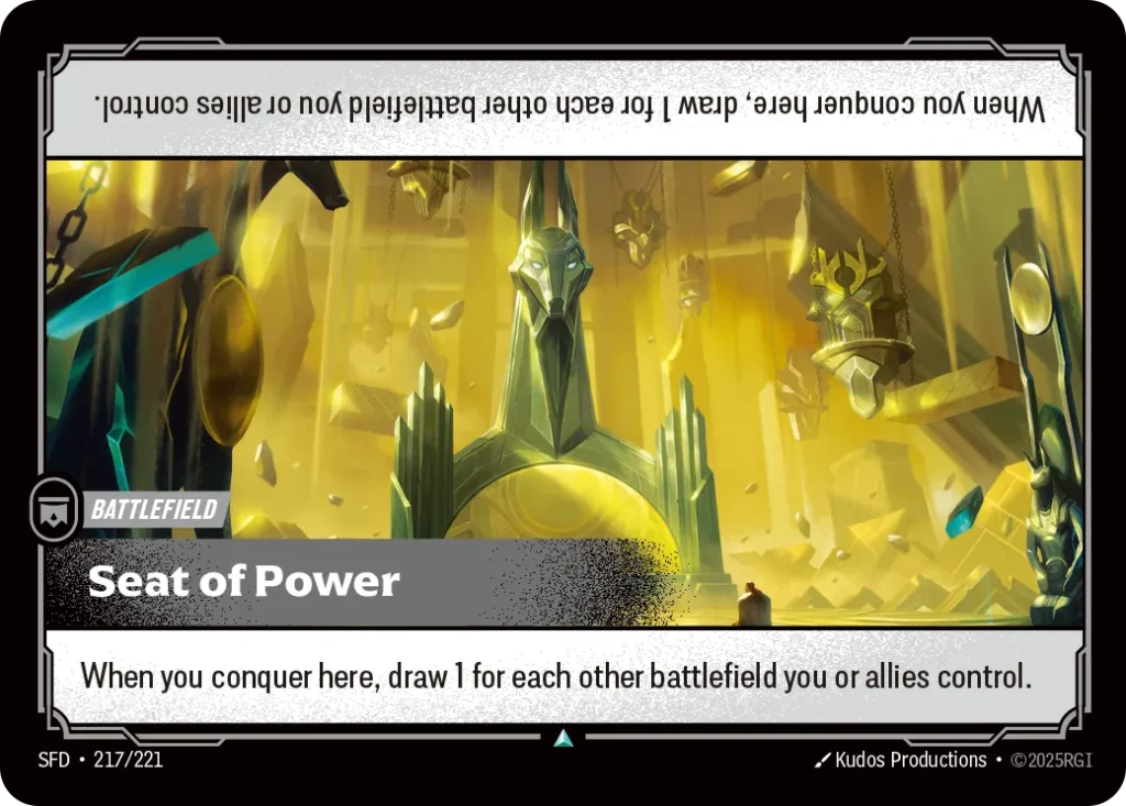 Karta Riftbound: Seat of Power — Battlefield, kolor Colorless, dodatek Spiritforged. Ilustracja: Kudos Productions. Opis karty: When you conquer here, draw 1 for each other battlefield you or allies control..