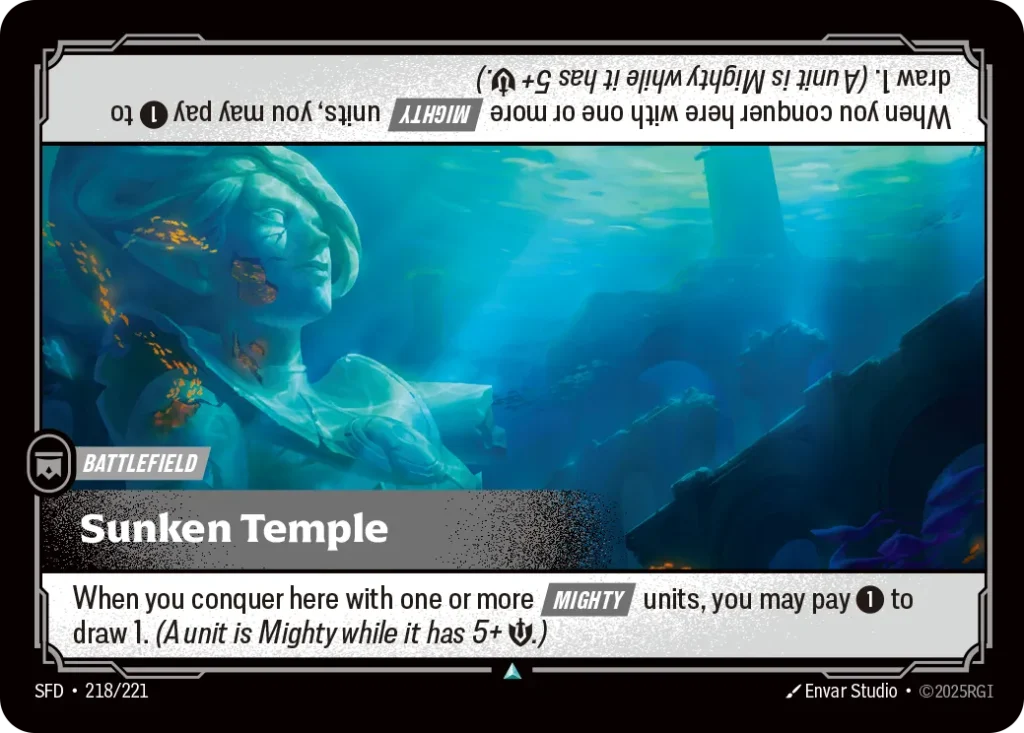 Karta Riftbound: Sunken Temple — Battlefield, kolor Colorless, dodatek Spiritforged. Ilustracja: Envar Studio. Opis karty: When you conquer here with one or more Mighty units, you may pay 1⚡ to draw 1. (A unit is Mighty while it has 5+ 💪.)
