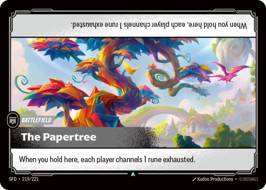 Karta Riftbound: The Papertree — Battlefield, kolor Colorless, dodatek Spiritforged. Ilustracja: Kudos Productions. Opis karty: When you hold here, each player channels 1 rune exhausted.