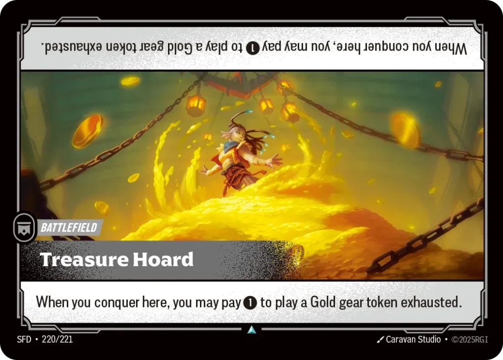 Karta Riftbound: Treasure Hoard — Battlefield, kolor Colorless, dodatek Spiritforged. Ilustracja: Caravan Studio. Opis karty: When you conquer here, you may pay 1⚡ to play a Gold gear token exhausted.