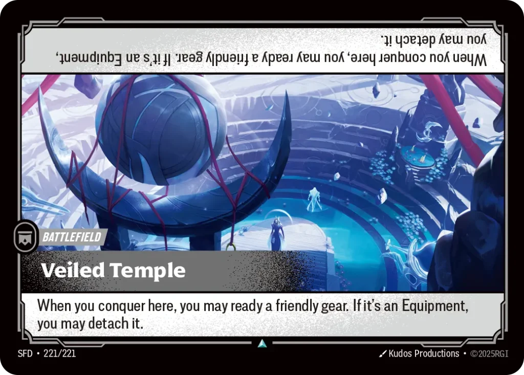 Karta Riftbound: Veiled Temple — Battlefield, kolor Colorless, dodatek Spiritforged. Ilustracja: Kudos Productions. Opis karty: When you conquer here, you may ready a friendly gear. If it's an Equipment, you may detach it.