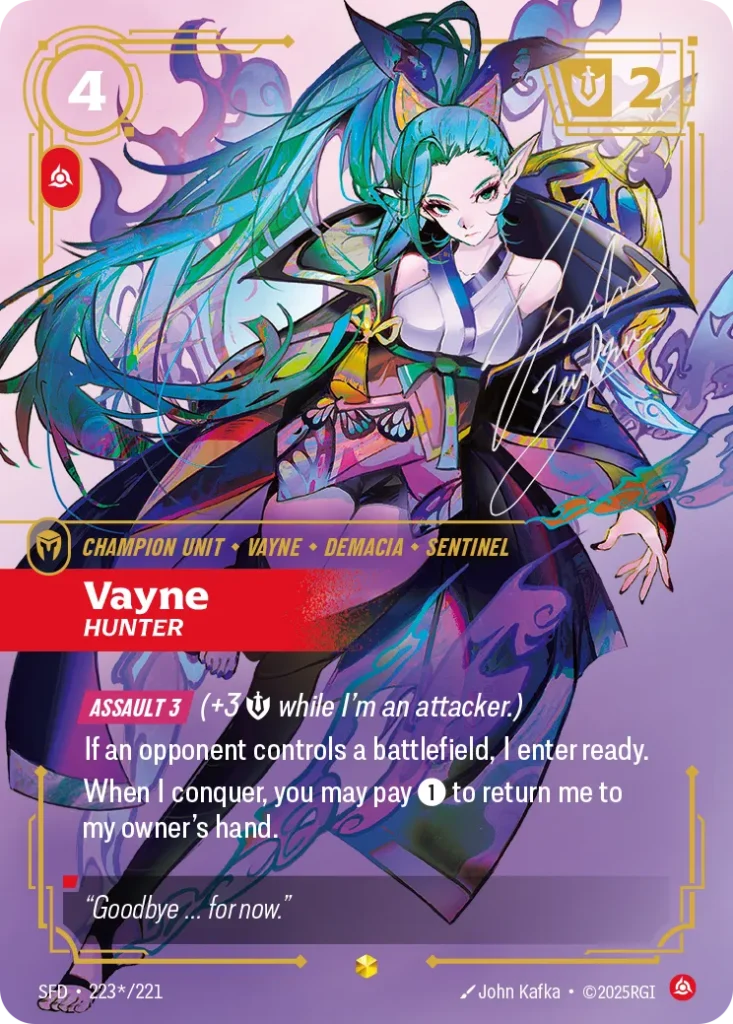 Karta Riftbound: Vayne - Hunter (Signature) — Unit, kolor Fury, dodatek Spiritforged. Ilustracja: John Kafka. Opis karty: Assault 3 (+3 💪 while I'm an attacker.)If an opponent controls a battlefield, I enter ready.When I conquer, you may pa
