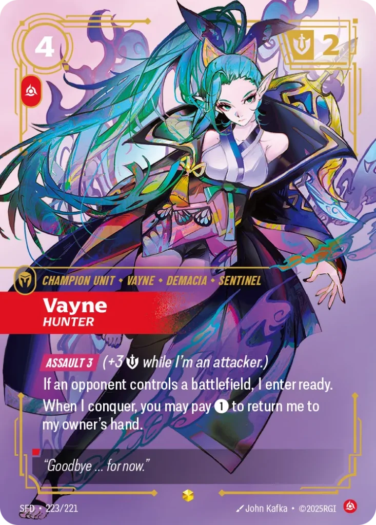 Karta Riftbound: Vayne - Hunter (Overnumbered) — Unit, kolor Fury, dodatek Spiritforged. Ilustracja: John Kafka. Opis karty: Assault 3 (+3 💪 while I'm an attacker.)If an opponent controls a battlefield, I enter ready.When I conquer, you may
