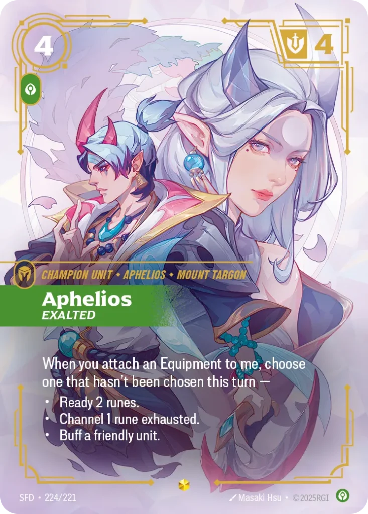 Karta Riftbound: Aphelios - Exalted (Overnumbered) — Unit, kolor Calm, dodatek Spiritforged. Ilustracja: Masaki Hsu. Opis karty: When you attach an Equipment to me, choose one that hasn't been chosen this turn —Ready 2 runes.Channel 1 rune 