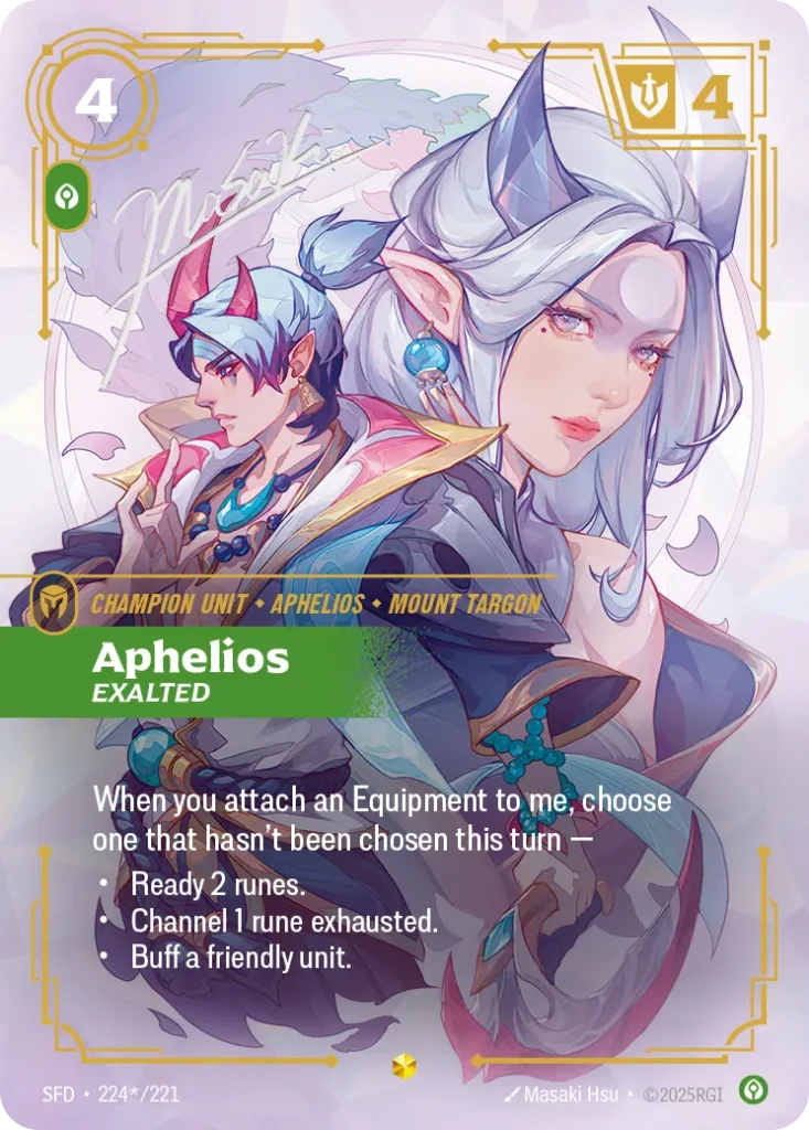 Karta Riftbound: Aphelios - Exalted (Signature) — Unit, kolor Calm, dodatek Spiritforged. Ilustracja: Masaki Hsu. Opis karty: When you attach an Equipment to me, choose one that hasn't been chosen this turn —Ready 2 runes.Channel 1 rune exh