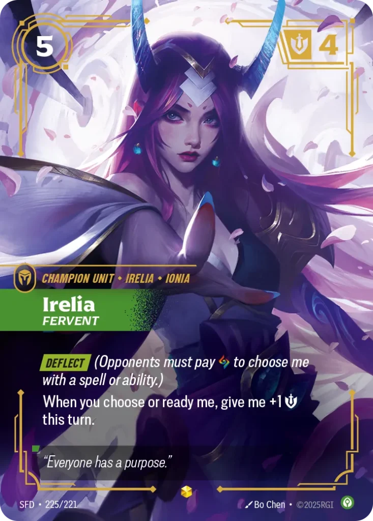 Karta Riftbound: Irelia - Fervent (Overnumbered) — Unit, kolor Calm, dodatek Spiritforged. Ilustracja: Bo Chen. Opis karty: Deflect (Opponents must pay to choose me with a spell or ability.)When you choose or ready me, give me +1 💪 this tur