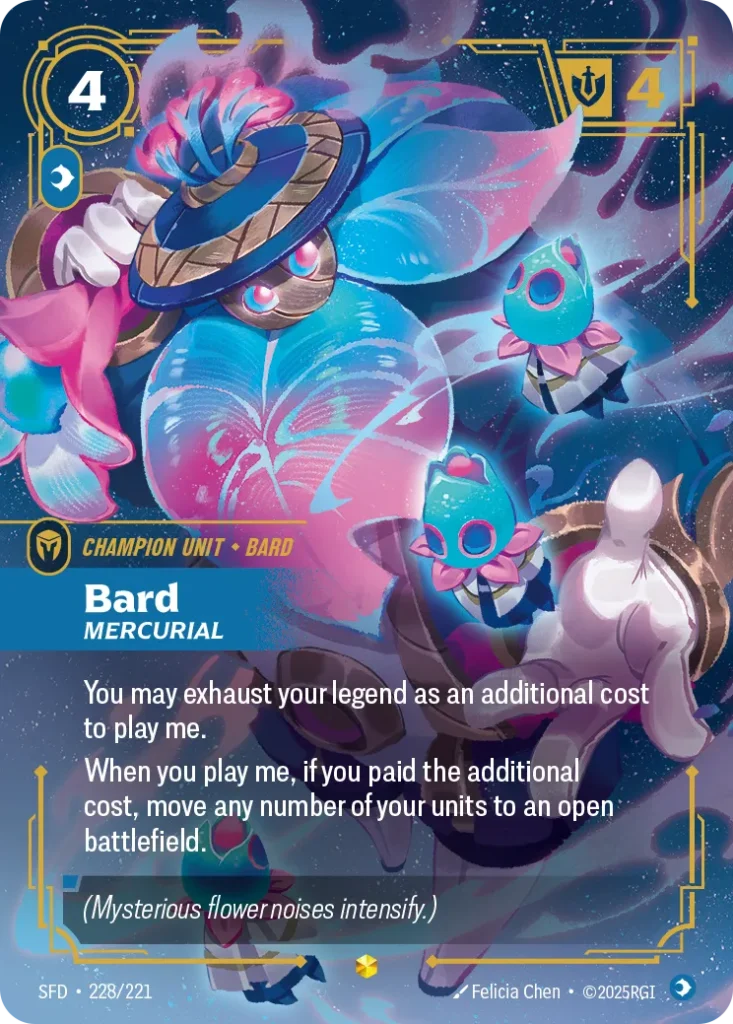 Karta Riftbound: Bard - Mercurial (Overnumbered) — Unit, kolor Mind, dodatek Spiritforged. Ilustracja: Felicia Chen. Opis karty: You may exhaust your legend as an additional cost to play me.When you play me, if you paid the additional cost,