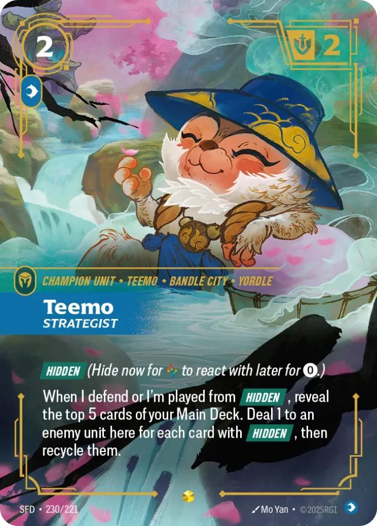 Karta Riftbound: Teemo - Strategist (Overnumbered) — Unit, kolor Mind, dodatek Spiritforged. Ilustracja: Mo Yan. Opis karty: Hidden (Hide now for to react with later for 0⚡.)When I defend or I'm played from Hidden , reveal the top 5 cards o
