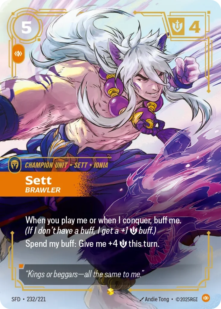 Karta Riftbound: Sett - Brawler (Overnumbered) — Unit, kolor Body, dodatek Spiritforged. Ilustracja: Andie Tong. Opis karty: When I'm played and when I conquer, buff me. (If I don't have a buff, I get a +1 💪 buff.)Spend my buff: Give me +4 