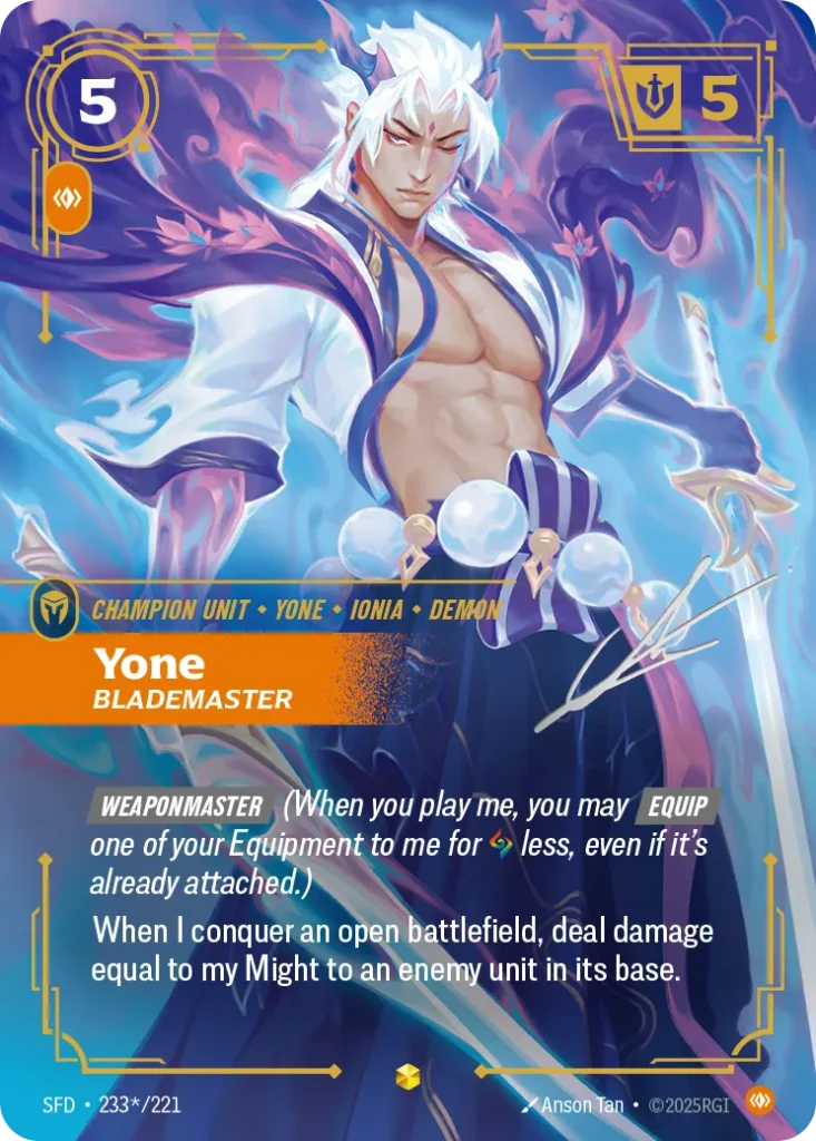 Karta Riftbound: Yone - Blademaster (Signature) — Unit, kolor Body, dodatek Spiritforged. Ilustracja: Anson Tan. Opis karty: Weaponmaster (When you play me, you may Equip one of your Equipment to me for less, even if it's already attached.)