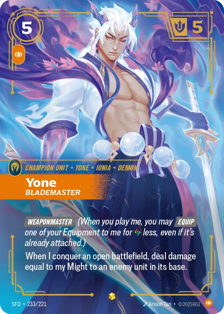 Karta Riftbound: Yone - Blademaster (Overnumbered) — Unit, kolor Body, dodatek Spiritforged. Ilustracja: Anson Tan. Opis karty: Weaponmaster (When you play me, you may Equip one of your Equipment to me for less, even if it's already attache