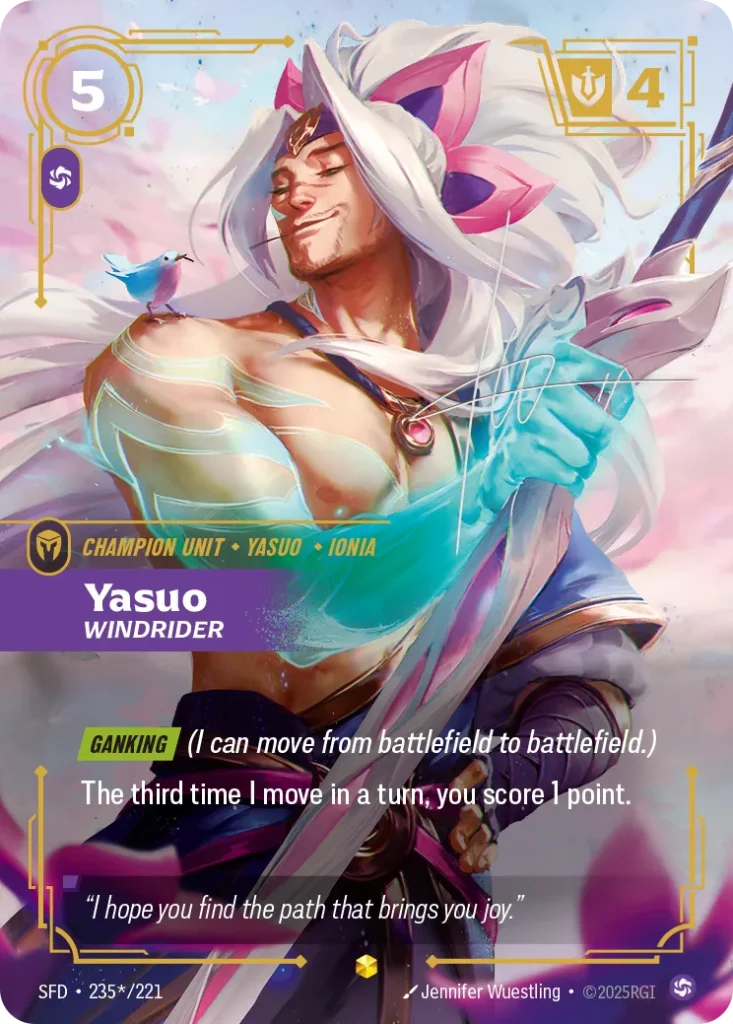 Karta Riftbound: Yasuo - Windrider (Signature) — Unit, kolor Chaos, dodatek Spiritforged. Ilustracja: Jennifer Wuestling. Opis karty: Ganking (I can move from battlefield to battlefield.)The third time I move in a turn, you score 1 point.