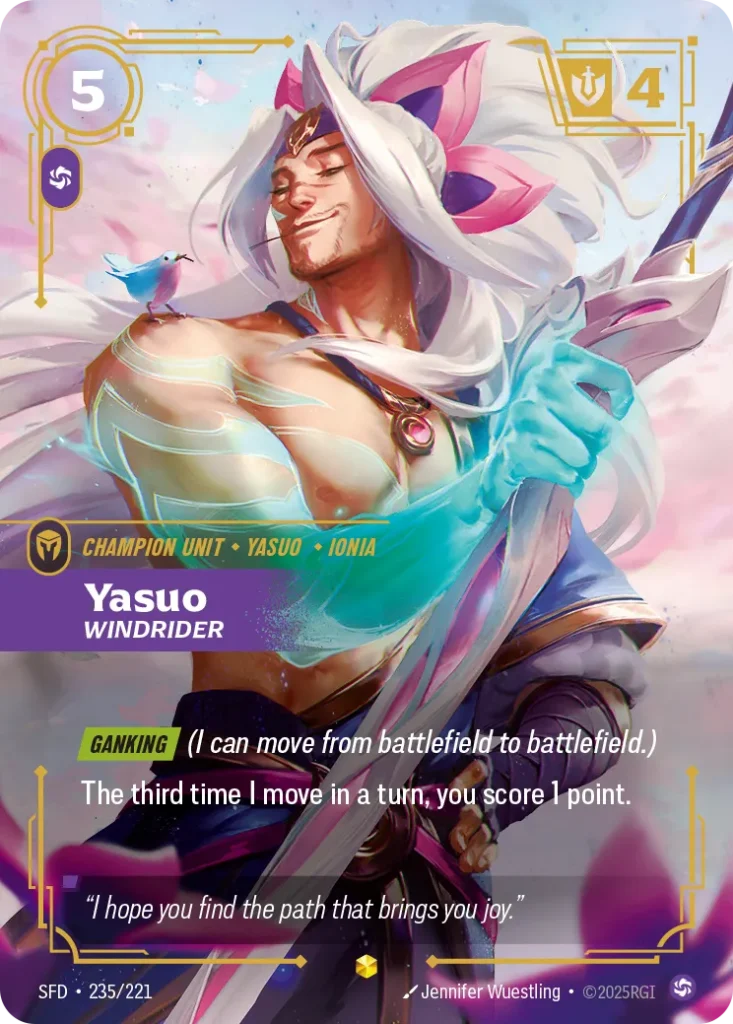Karta Riftbound: Yasuo - Windrider (Overnumbered) — Unit, kolor Chaos, dodatek Spiritforged. Ilustracja: Jennifer Wuestling. Opis karty: Ganking (I can move from battlefield to battlefield.)The third time I move in a turn, you score 1 point