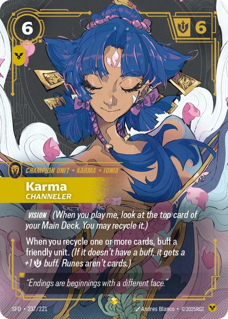 Karta Riftbound: Karma - Channeler (Overnumbered) — Unit, kolor Order, dodatek Spiritforged. Ilustracja: Andres Blanco. Opis karty: Vision (When you play me, look at the top card of your Main Deck. You may recycle it.)When you recycle one o