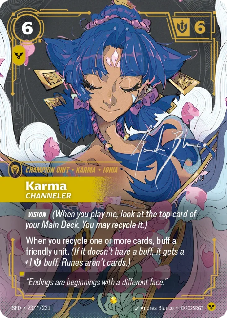 Karta Riftbound: Karma - Channeler (Signature) — Unit, kolor Order, dodatek Spiritforged. Ilustracja: Andres Blanco. Opis karty: Vision (When you play me, look at the top card of your Main Deck. You may recycle it.)When you recycle one or m