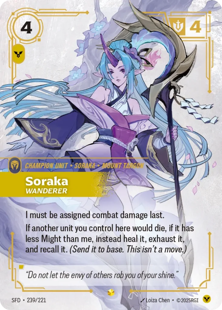 Karta Riftbound: Soraka - Wanderer (Overnumbered) — Unit, kolor Order, dodatek Spiritforged. Ilustracja: Loiza Chen. Opis karty: I must be assigned combat damage last.If another unit you control here would die, if it has less Might than me,