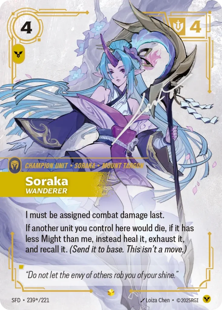 Karta Riftbound: Soraka - Wanderer (Signature) — Unit, kolor Order, dodatek Spiritforged. Ilustracja: Loiza Chen. Opis karty: I must be assigned combat damage last.If another unit you control here would die, if it has less Might than me, in