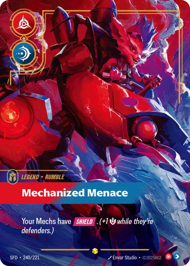 Karta Riftbound: Rumble - Mechanized Menace (Overnumbered) — Legend, kolor Fury/Mind, dodatek Spiritforged. Ilustracja: Envar Studio. Opis karty: Your Mechs have Shield . (+1 💪 while they're defenders.)