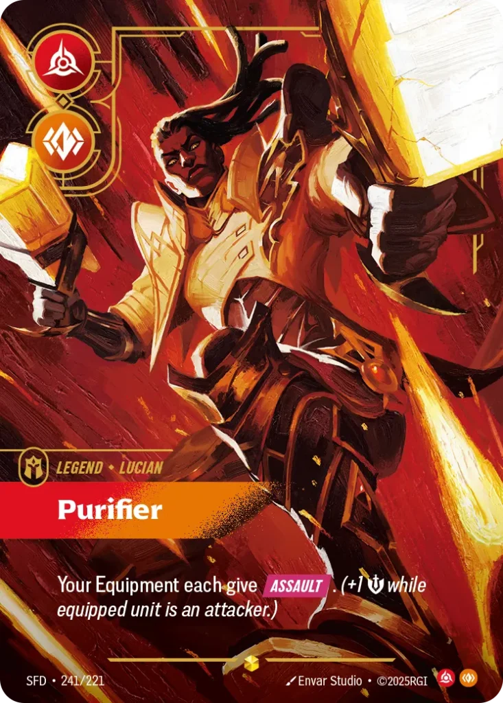Karta Riftbound: Lucian - Purifier (Overnumbered) — Legend, kolor Fury/Body, dodatek Spiritforged. Ilustracja: Envar Studio. Opis karty: Your Equipment each give Assault . (+1 💪 while equipped unit is an attacker.)