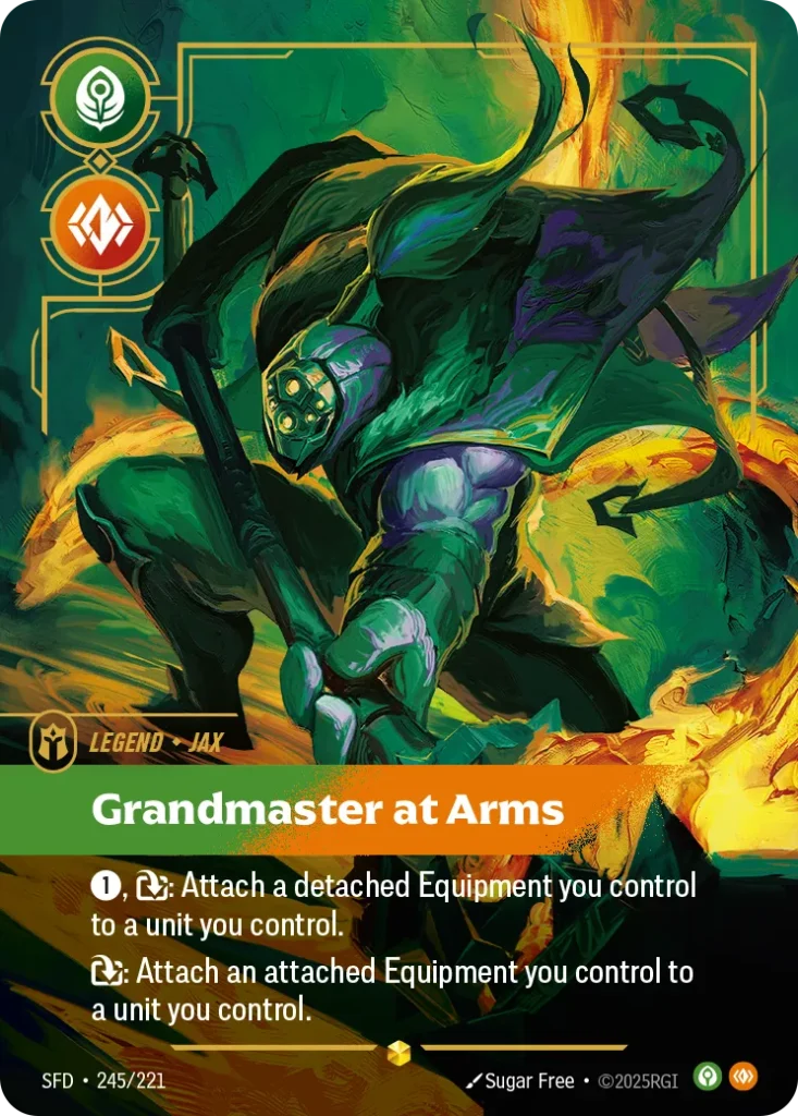 Karta Riftbound: Jax - Grandmaster At Arms (Overnumbered) — Legend, kolor Calm/Body, dodatek Spiritforged. Ilustracja: Sugar Free. Opis karty: 1⚡, : Attach a detached Equipment you control to a unit you control.: Attach an attached Equipmen