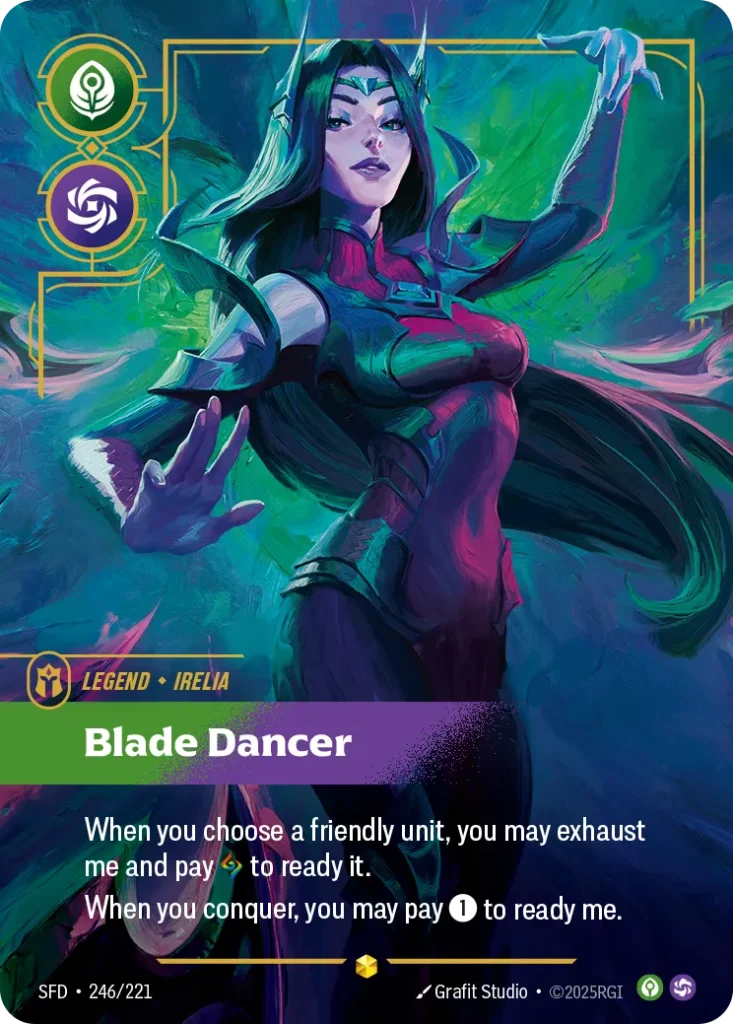 Karta Riftbound: Irelia - Blade Dancer (Overnumbered) — Legend, kolor Calm/Chaos, dodatek Spiritforged. Ilustracja: Grafit Studio. Opis karty: When you choose a friendly unit, you may exhaust me and pay to ready it.When you conquer, you may