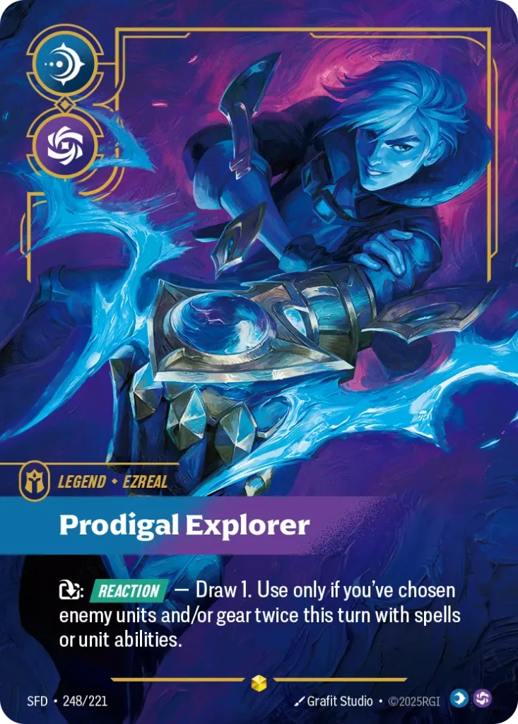 Karta Riftbound: Ezreal - Prodigal Explorer (Overnumbered) — Legend, kolor Mind/Chaos, dodatek Spiritforged. Ilustracja: Grafit Studio. Opis karty: : Reaction — Draw 1. Use only if you've chosen enemy units and/or gear twice this turn with 