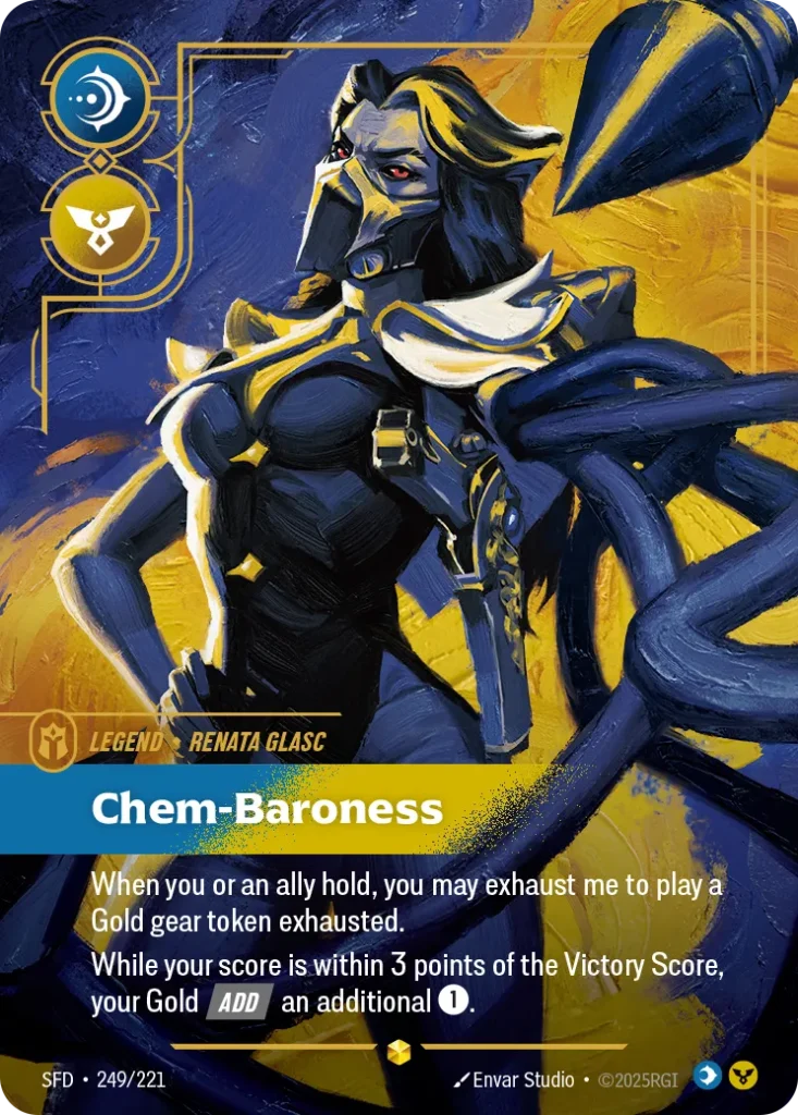 Karta Riftbound: Renata Glasc - Chem-Baroness (Overnumbered) — Legend, kolor Mind/Order, dodatek Spiritforged. Ilustracja: Envar Studio. Opis karty: When you or an ally hold, you may exhaust me to play a Gold gear token exhausted.While your