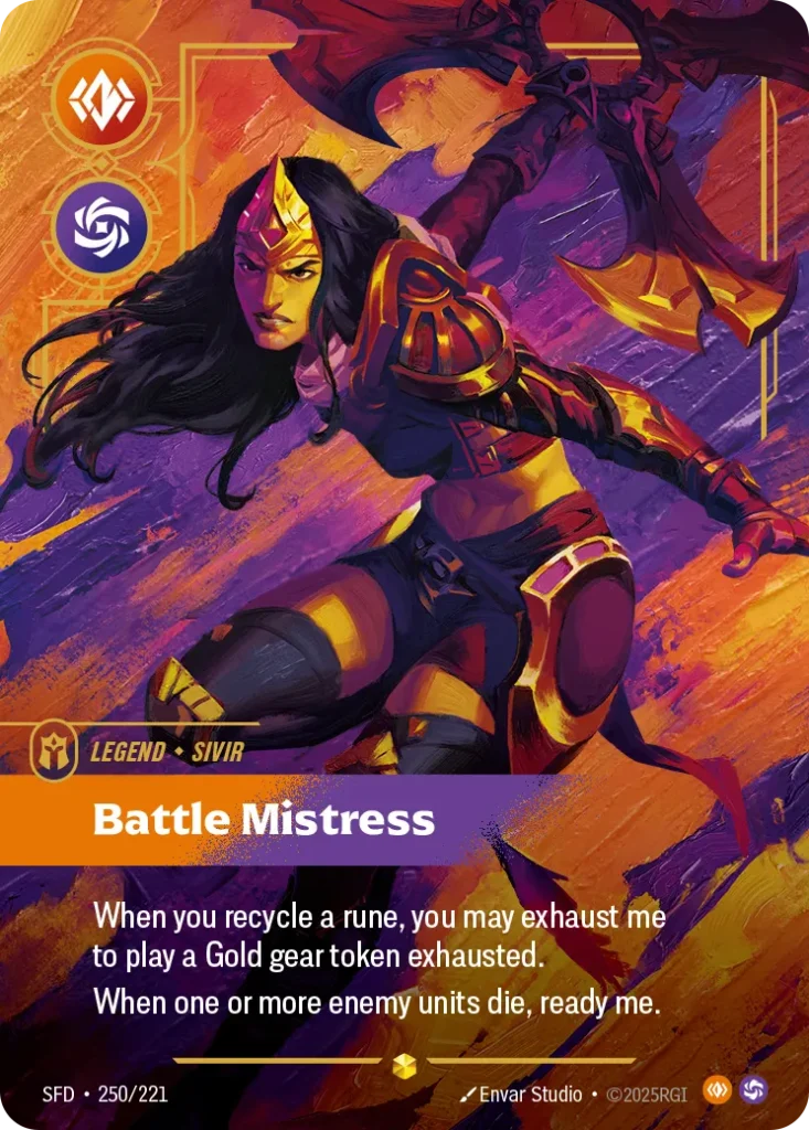 Karta Riftbound: Sivir - Battle Mistress (Overnumbered) — Legend, kolor Body/Chaos, dodatek Spiritforged. Ilustracja: Envar Studio. Opis karty: When you recycle a rune, you may exhaust me to play a Gold gear token exhausted.When one or more