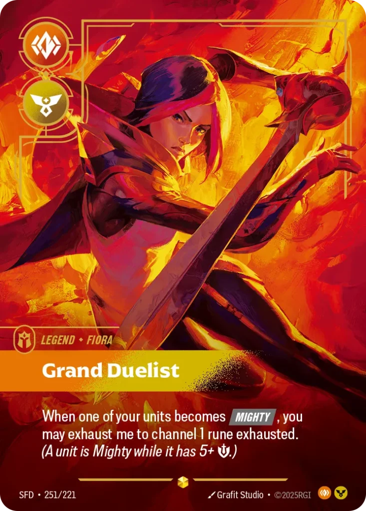 Karta Riftbound: Fiora - Grand Duelist (Overnumbered) — Legend, kolor Body/Order, dodatek Spiritforged. Ilustracja: Grafit Studio. Opis karty: When one of your units becomes Mighty , you may exhaust me to channel 1 rune exhausted. (A unit i