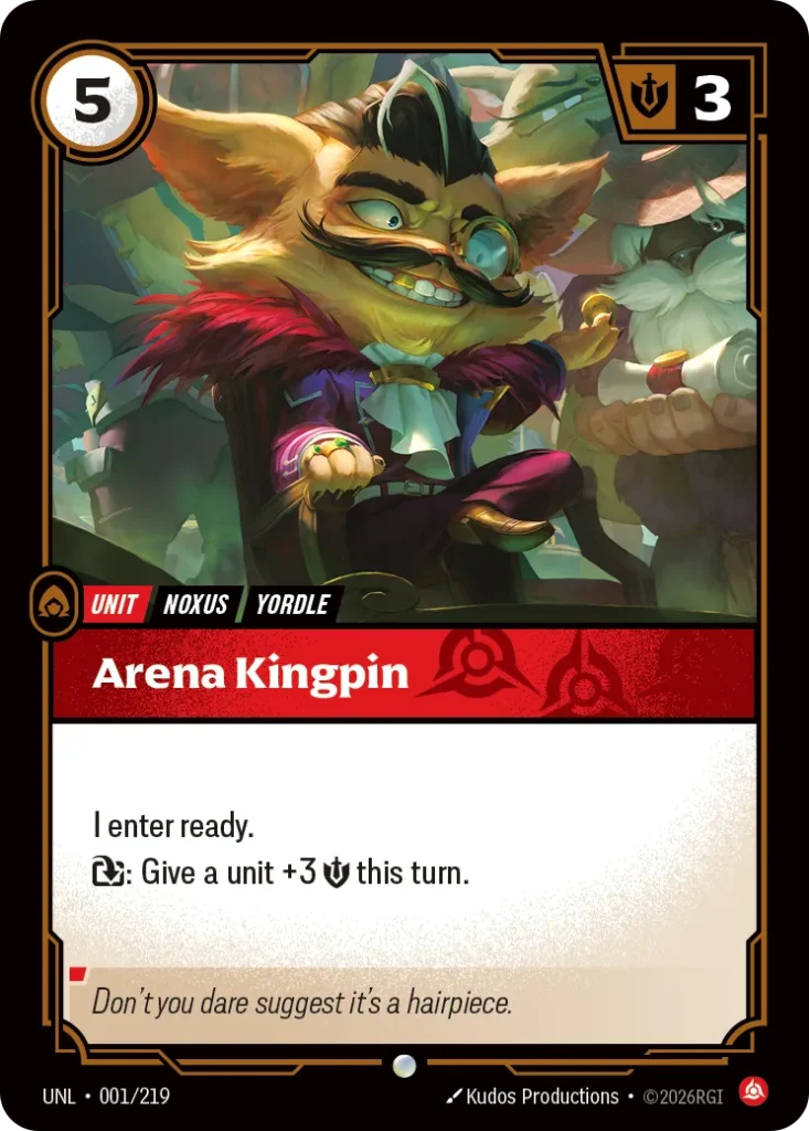 Karta Riftbound: Arena Kingpin — Unit, kolor Fury, dodatek Unleashed. Ilustracja: Kudos Productions. Opis karty: I enter ready.: Give a unit +3 💪 this turn.
