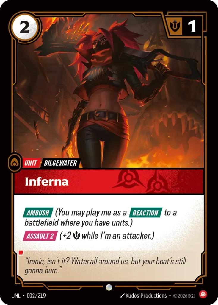 Karta Riftbound: Inferna — Unit, kolor Fury, dodatek Unleashed. Ilustracja: Kudos Productions. Opis karty: Ambush (You may play me as a Reaction to a battlefield where you have units.) Assault 2 (+2 💪 while I'm an attacker.)