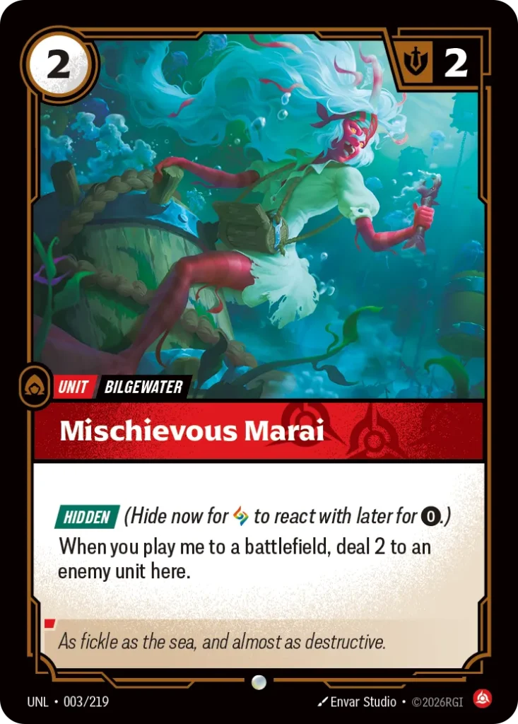 Karta Riftbound: Mischievous Marai — Unit, kolor Fury, dodatek Unleashed. Ilustracja: Envar Studio. Opis karty: Hidden (Hide now for to react with later for 0⚡.)When you play me to a battlefield, deal 2 to an enemy unit here.