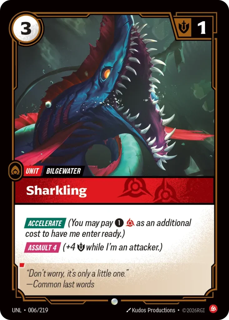 Karta Riftbound: Sharkling — Unit, kolor Fury, dodatek Unleashed. Ilustracja: Kudos Productions. Opis karty: Accelerate (You may pay 1⚡ as an additional cost to have me enter ready.) Assault 4 (+4 💪 while I'm an attacker.)