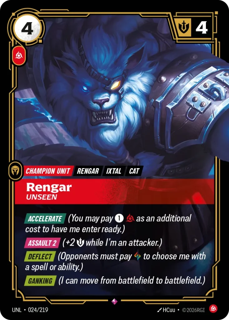 Karta Riftbound: Rengar - Unseen — Unit, kolor Fury, dodatek Unleashed. Ilustracja: HCuu. Opis karty: Accelerate (You may pay 1⚡ as an additional cost to have me enter ready.) Assault 2 (+2 💪 while I'm an attacker.) Deflect (Opponents must 