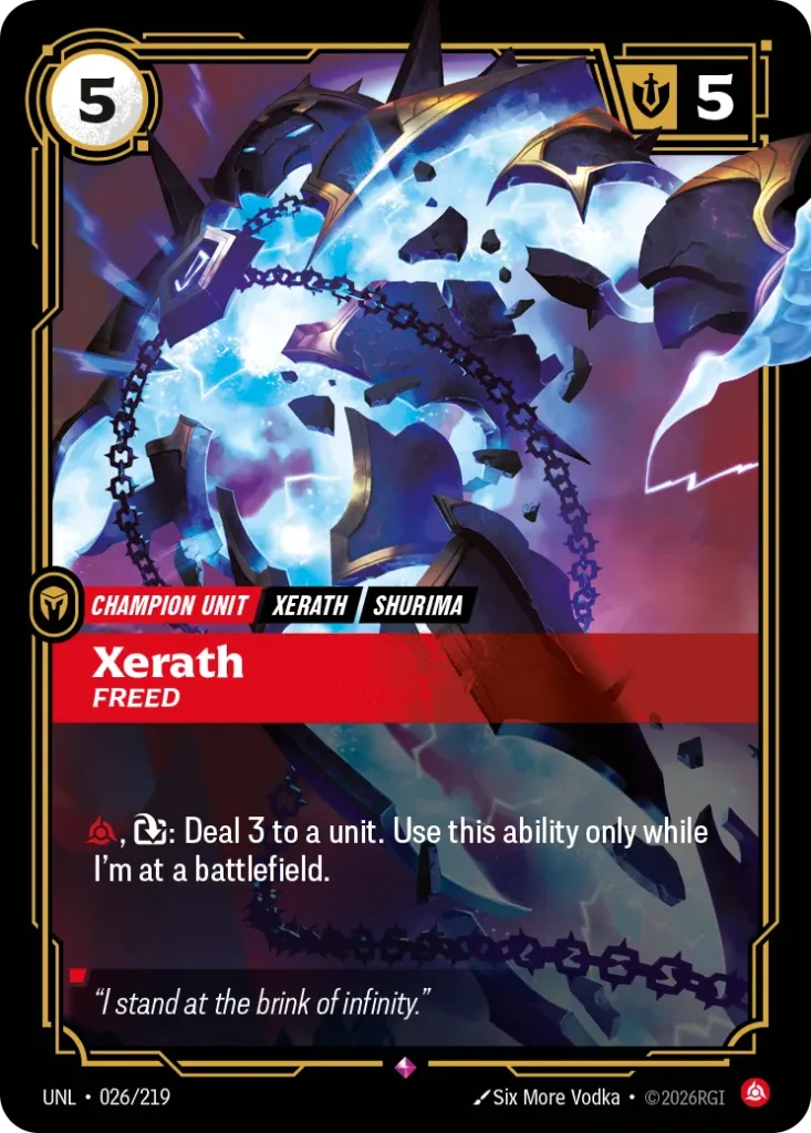 Karta Riftbound: Xerath - Freed — Unit, kolor Fury, dodatek Unleashed. Ilustracja: Six More Vodka. Opis karty: , : Deal 3 to a unit. Use this ability only while I'm at a battlefield.