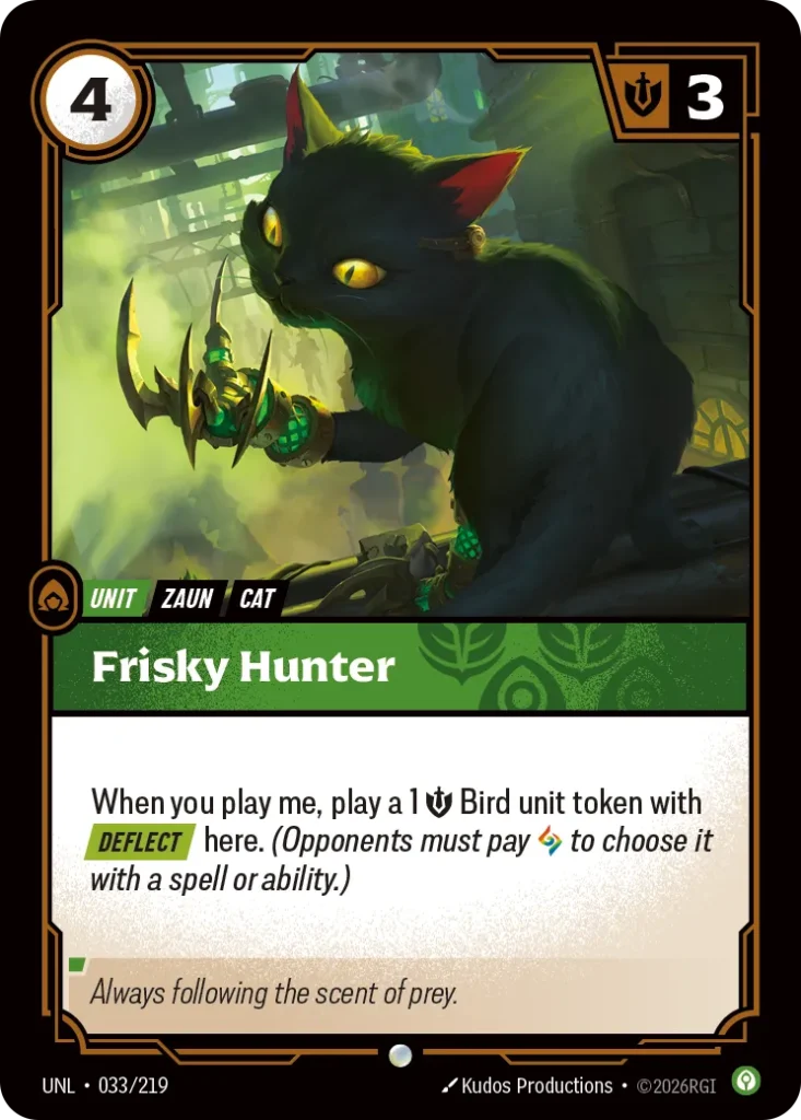 Karta Riftbound: Frisky Hunter — Unit, kolor Calm, dodatek Unleashed. Ilustracja: Kudos Productions. Opis karty: When you play me, play a 1 💪 Bird unit token with Deflect here. (Opponents must pay to choose it with a spell or ability.)