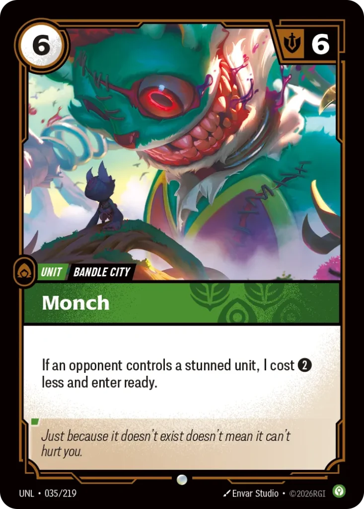 Karta Riftbound: Monch — Unit, kolor Calm, dodatek Unleashed. Ilustracja: Envar Studio. Opis karty: If an opponent controls a stunned unit, I cost 2⚡ less and enter ready.