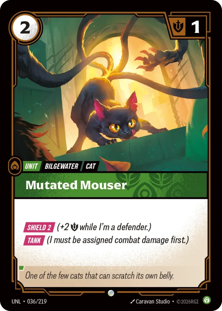 Karta Riftbound: Mutated Mouser — Unit, kolor Calm, dodatek Unleashed. Ilustracja: Caravan Studio. Opis karty: Shield 2 (+2 💪 while I'm a defender.) Tank (I must be assigned combat damage first.)