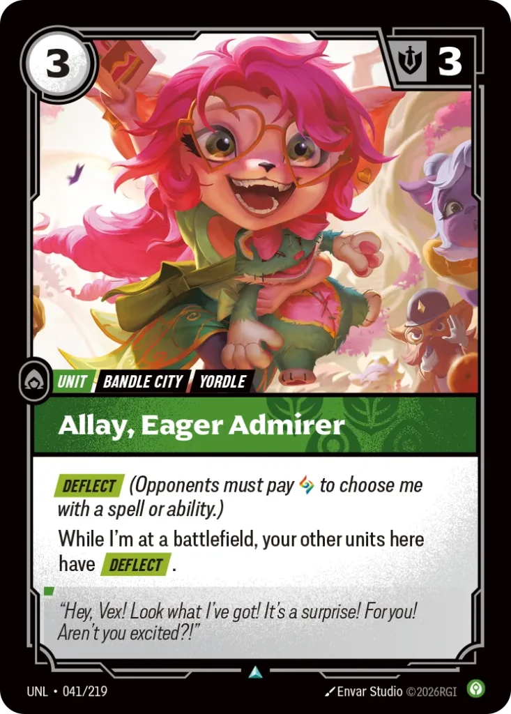 Karta Riftbound: Allay, Eager Admirer — Unit, kolor Calm, dodatek Unleashed. Ilustracja: Envar Studio. Opis karty: Deflect (Opponents must pay to choose me with a spell or ability.)While I'm at a battlefield, your other units here have Defl