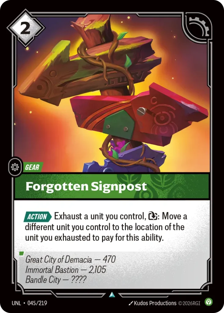 Karta Riftbound: Forgotten Signpost — Gear, kolor Calm, dodatek Unleashed. Ilustracja: Kudos Productions. Opis karty: Action > Exhaust a unit you control, : Move a different unit you control to the location of the unit you exhausted to p