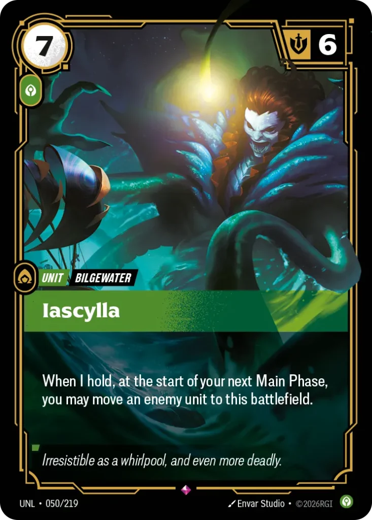 Karta Riftbound: Iascylla — Unit, kolor Calm, dodatek Unleashed. Ilustracja: Envar Studio. Opis karty: When I hold, at the start of your next Main Phase, you may move an enemy unit to this battlefield.