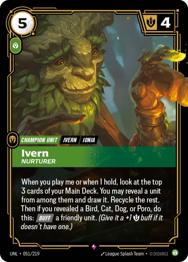 Karta Riftbound: Ivern - Nurturer — Unit, kolor Calm, dodatek Unleashed. Ilustracja: League Splash Team. Opis karty: When you play me or when I hold, look at the top 3 cards of your Main Deck. You may reveal a unit from among them and draw 